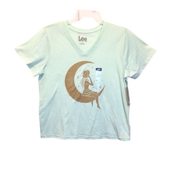 Lee Womens Mint Green Girl Sitting On Moon Short Sleeve Graphic Print Tee Size L - Picture 4 of 8